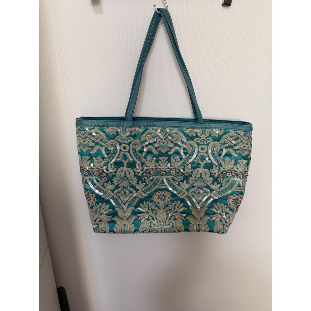 Christiana Teal Blue Satin Beaded Sequin Damask Tote Shoulder Bag